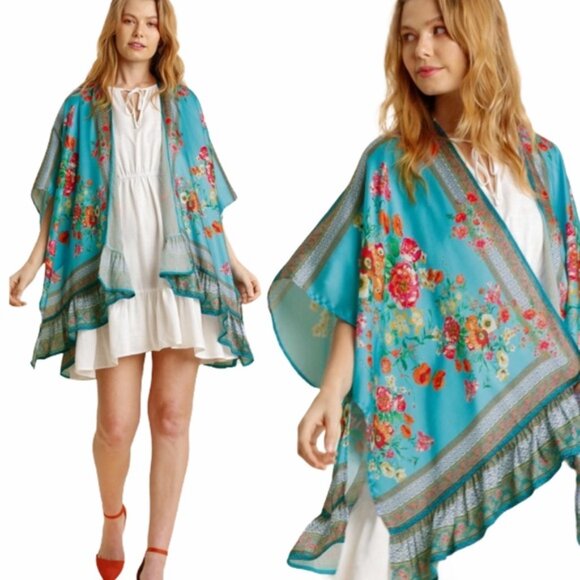 NWT Umgee boho turquoise silky floral kimono swim cover wrap poncho ruana XL 1X - Picture 2 of 16
